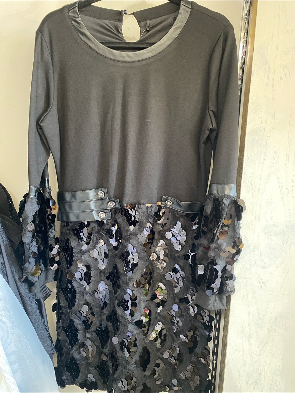Black Sequin Trim Long Sleeve Dress